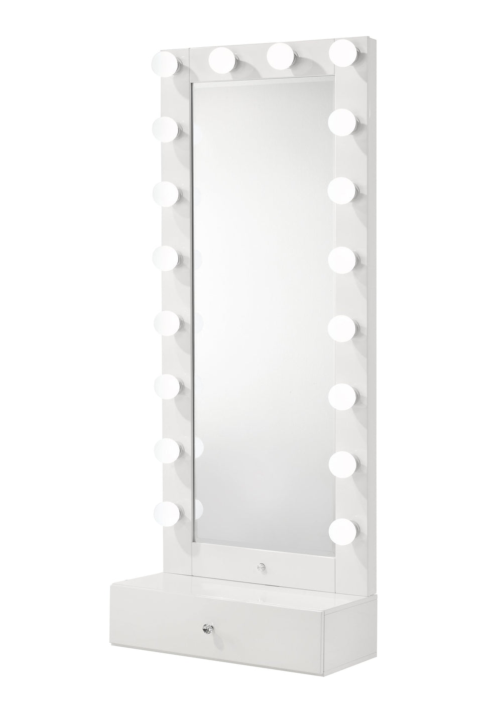 English Elm 1pc Glam Tall Lighted Mirror with Drawer Box Glossy White Vanity, Beveled Glass, Crystal Knob, Luxe Glow B011S01586