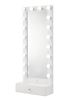 English Elm 1pc Glam Tall Lighted Mirror with Drawer Box Glossy White Vanity, Beveled Glass, Crystal Knob, Luxe Glow B011S01586