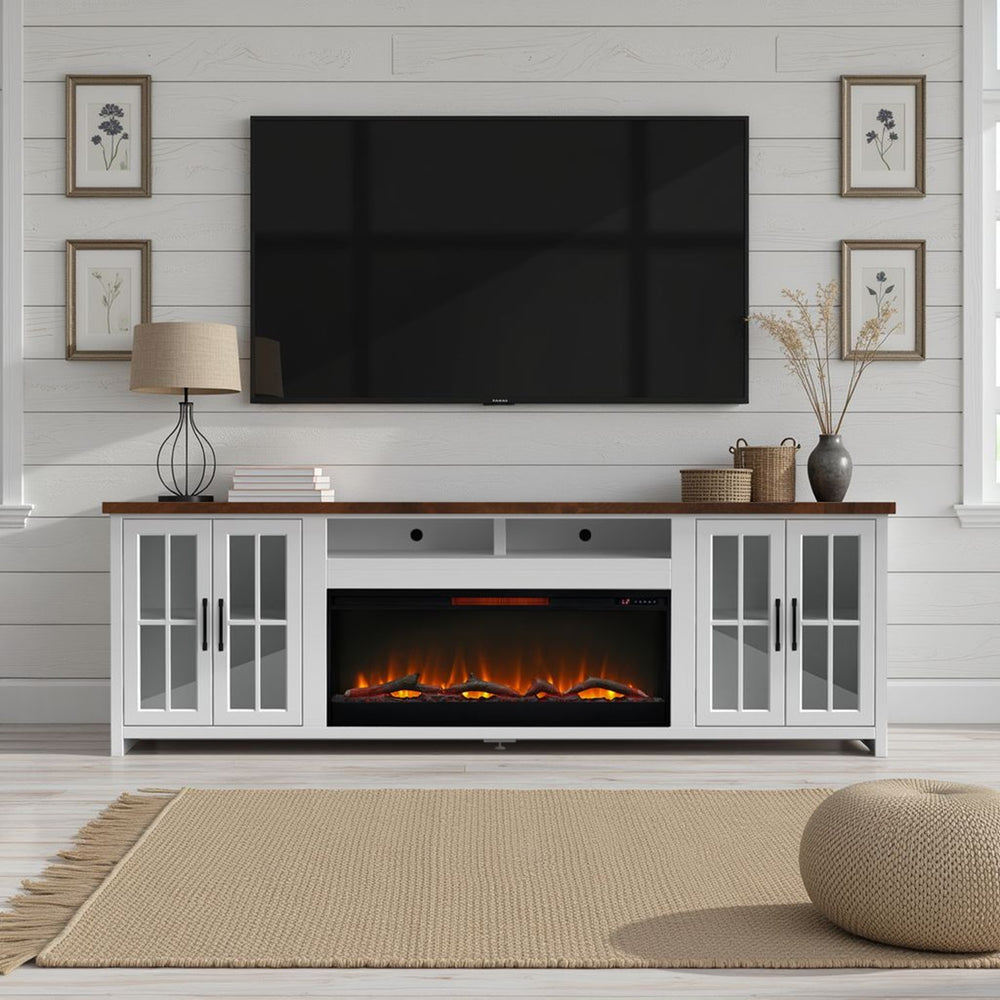 English Elm 97 Inch Fireplace TV Stand Console for TVs up to 100" — Two-Tone Jasmine Whitewash & Barnwood, 42" Electric Insert, Storage and Cable Management B108P160230