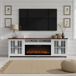 English Elm 97 Inch Fireplace TV Stand Console for TVs up to 100" — Two-Tone Jasmine Whitewash & Barnwood, 42" Electric Insert, Storage and Cable Management B108P160230