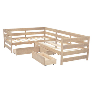 English Elm Twin L-Shaped Platform Bed with Three Spacious Drawers, Solid Pine & MDF, Clean-Lined Design Natural N7090000468N
