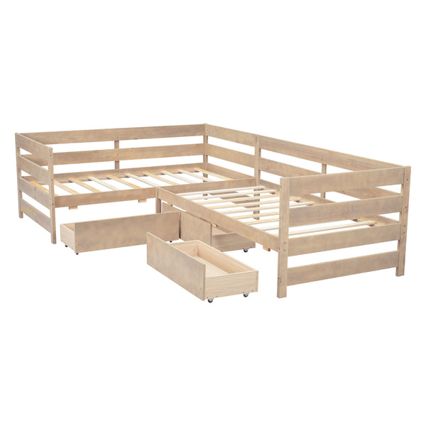 English Elm Twin L-Shaped Platform Bed with Three Spacious Drawers, Solid Pine & MDF, Clean-Lined Design Natural N7090000468N