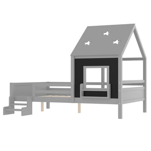 English Elm Full Bunk Bed with Trundle Bookshelf Storage Pine Frame Car Design for Kids Gray W1580S00296
