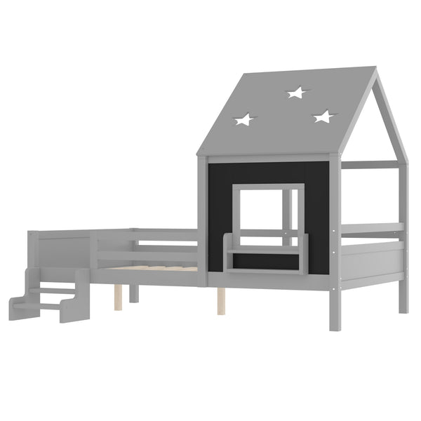 English Elm Full Bunk Bed with Trundle Bookshelf Storage Pine Frame Car Design for Kids Gray W1580S00296