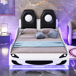 English Elm Wood Twin Race Car Platform Bed with LED Lighting, Upholstered Headrest, Sturdy Pine Build White GX002218AAK