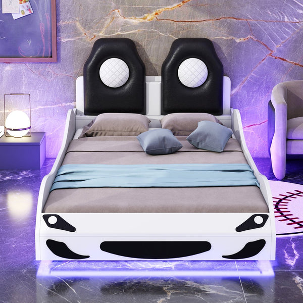 English Elm Wood Twin Race Car Platform Bed with LED Lighting, Upholstered Headrest, Sturdy Pine Build White GX002218AAK