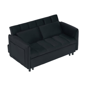 English Elm 52 Black Modern Velvet Sofa Bed 3-in-1 Convertible Loveseat with Pillows, Pockets, Metal Legs, 500lb Capacity W1658P266335