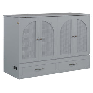 English Elm Full Size Murphy Bed Rattan Cabinet with Storage Drawers and Gold Hardware Gray N708S00009E