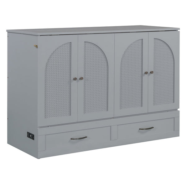 English Elm Full Size Murphy Bed Rattan Cabinet with Storage Drawers and Gold Hardware Gray N708S00009E