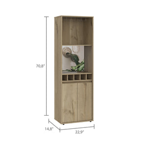English Elm Redding Floor Bar Cabinet with Wine Cubbies Glass Rack and Open Display Shelves B128S00156