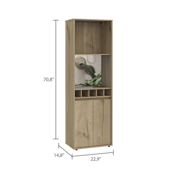 English Elm Redding Floor Bar Cabinet with Wine Cubbies Glass Rack and Open Display Shelves B128S00156