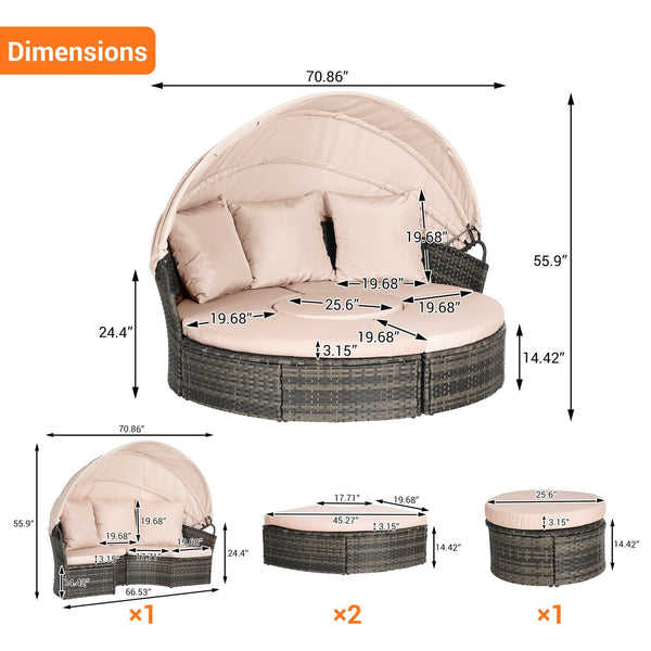 English Elm 5 Piece Outdoor Wicker Daybed Set with Retractable Canopy and Quick Dry Cushions Beige W874S00036