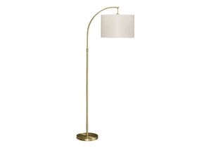 English Elm Lighting, 65"H arc floor lamp with ivory drum shade, sleek metal frame, 100W max, foot switch, modern ambiance Gold 26 L x 17 W x 16 H B2710P221308