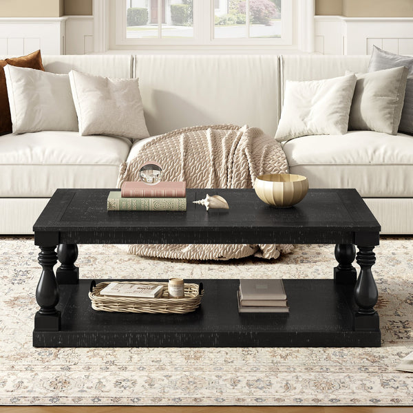 English Elm U_style Pine Veneer Coffee Table with Sculptural Turned Legs for Classic Living Room Decor Black N711P407149B
