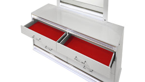 English Elm Glam 6-Drawer LED Dresser with Crystal Accents, Red Velvet Lined Top Drawers, High-Gloss White Lacquer Finish and Silver Hardware — Modern Glamorous Storage (60"W x 18"D x 33"H) B009P243212