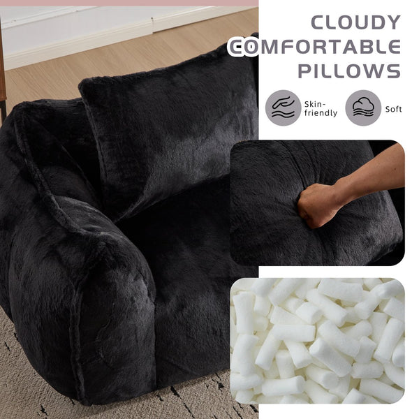 English Elm Giant Ultra Soft Fluffy Loveseat Bean Bag Sofa for Adults, Oversized Shredded Foam Couch with Pillows Black W3723P353894