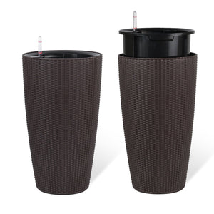 English Elm Set of 2 Faux Rattan Tall Outdoor Planters with Auto Watering and Water Level Monitor Brown W3213P325374