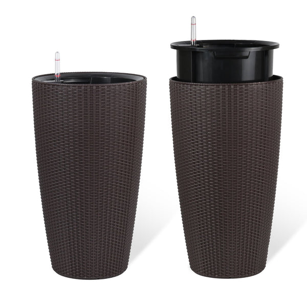 English Elm Set of 2 Faux Rattan Tall Outdoor Planters with Auto Watering and Water Level Monitor Brown W3213P325374