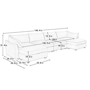 English Elm U Shape Modular 4-Seater Sofa Couch With Movable Ottomans & Storage Drawers For Modern Living Rooms W3041S00201-GIGA
