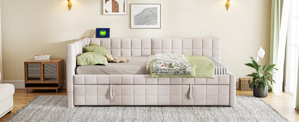 English Elm Full L-Shaped Upholstered Daybed with Pull-Out Twin Trundle, Built-In USB Ports, Modern Chic Design Beige SF000192AAA