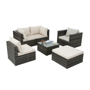 English Elm Patio 6-Piece Pe Wicker Furniture Set With Glass Coffee Table – Stylish Outdoor Seating For Relaxation W1703S00025-GIGA