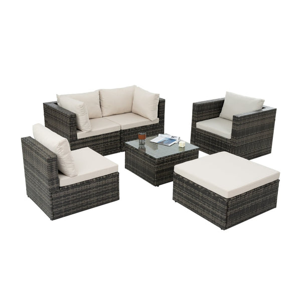 English Elm Patio 6-Piece Pe Wicker Furniture Set With Glass Coffee Table – Stylish Outdoor Seating For Relaxation W1703S00025-GIGA