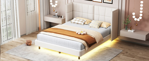 English Elm Queen Upholstered Platform Bed with LED Lights, U-Shaped Headboard, Linen Fabric, Sturdy Metal Legs Beige SF000151AAA