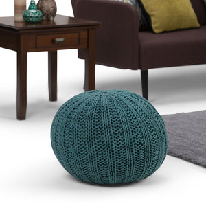 English Elm Shelby Hand-Knit Round Pouf in Slate Grey — Supportive Cotton Fill, Lightweight Portable Accent Seat Blue B136P159267