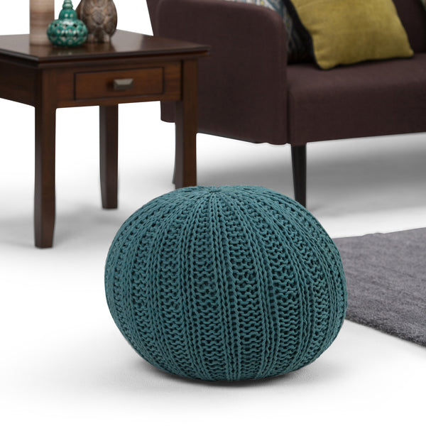 English Elm Shelby Hand-Knit Round Pouf in Slate Grey — Supportive Cotton Fill, Lightweight Portable Accent Seat Blue B136P159267