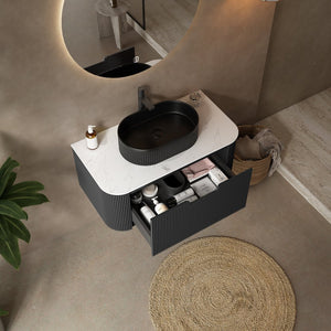 English Elm Dina Floating Bathroom Vanity Sintered Stone Top Glass Basin Striped Plywood Cabinet W2615S00709