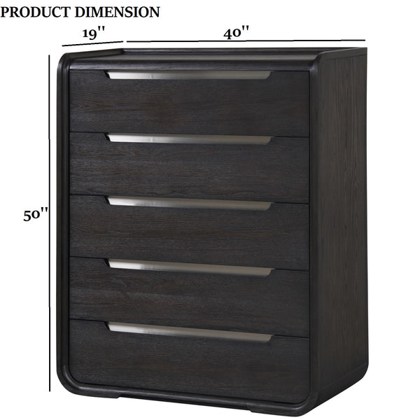 English Elm Modern Sleek 5-Drawer Chest with Gold Square Pulls and Metal Bracket Legs for Luxe Bedroom Storage Black 43 L x 22 W x 55 H B2741P370878