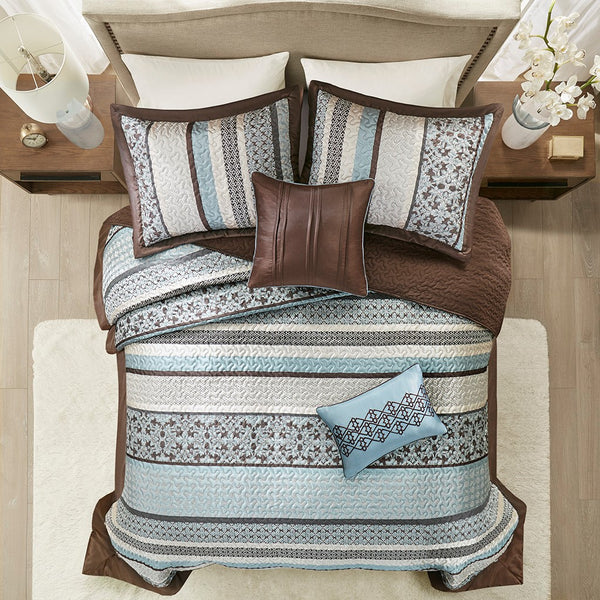 English Elm 5 Piece Aubrey Reversible Jacquard Bedspread Set King with Paisley Motif, Gold Sheen, Quilted Elegance Blue 22.83 L x 18.11 W x 8.66 H B03597647