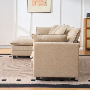 English Elm Beige Chenille Sectional Sofa with Modular Ottoman for Living Room or Studio Coffee W2603S00002