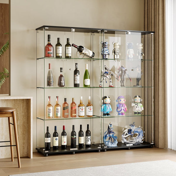 English Elm Glass Display Cabinet with Lockable Double Doors Four Tempered Shelves Matte Black Frame W3190S00003