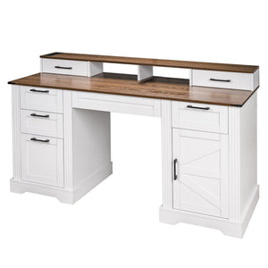 English Elm 59" Fluted Oak L-shaped Corner Desk with Charging Station Monitor Stand and File Storage White W2917S00006