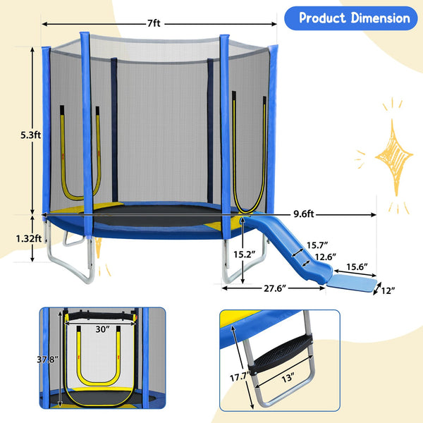 English Elm 7ft Hexagonal Kids Outdoor Trampoline with Enclosure Net Slide and Ladder Blue N739P272805C