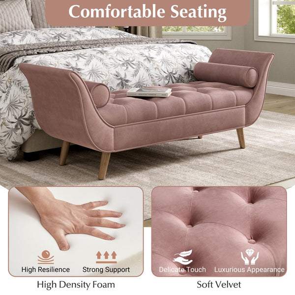 English Elm Upholstered Velvet Tufted Bench with Bolster Pillows Solid Oak Legs Bedroom Entryway Pink N761P304407H