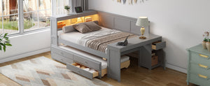 English Elm Full Size Pine Wood Platform Daybed with Led Headboard Desk Storage and Charging Gray N7090000475E-1