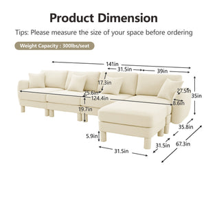 English Elm Boucle Fabric Convertible L-Shape Sectional Sofa - Stylish 4-Seater With Removable Ottoman & Chic Arms W3041S00280