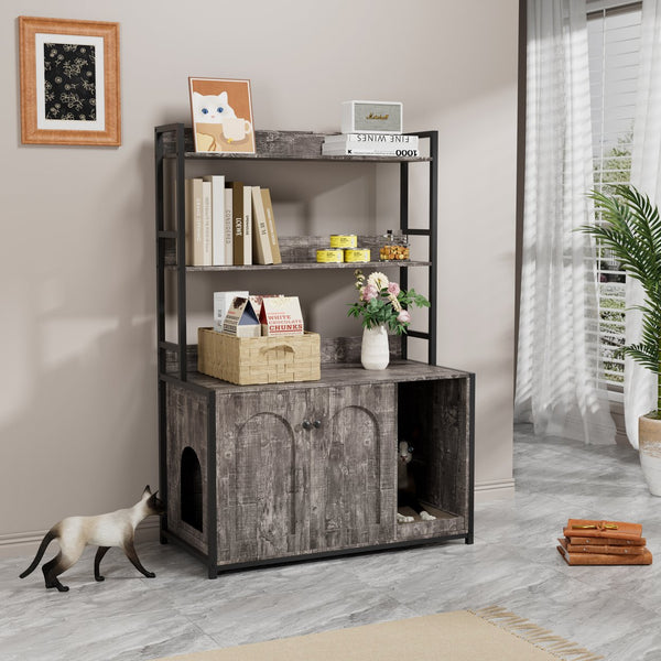 English Elm Large Cat Litter Box Enclosure with Shelf Storage, Dual Magnetic Doors, Sturdy MDF Wood Cabin with Scratch Pad and Hidden Washroom for Indoor Cats W578P303859