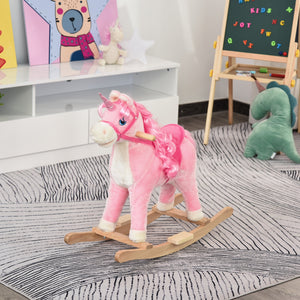 English Elm Qaba Plush Unicorn Rocking Horse with Solid Wood Base Wagging Tail and Fun Sounds W2225P229172