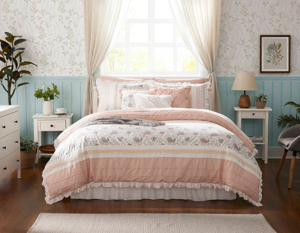 English Elm 9 Piece Cotton Percale Comforter Set – Blush Queen Stylish Shabby-Chic Bedding With Decorative Pillows B03597157