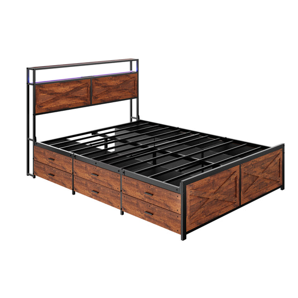 English Elm Queen Metal Platform Bed with 12 Storage Drawers Bookcase Headboard and Rgb Lighting W636S00010