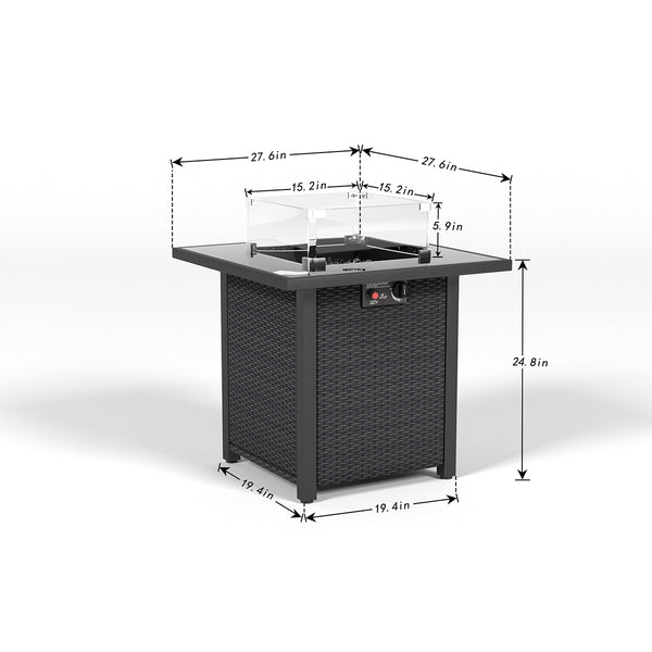 English Elm 28 28 Inch Propane Fire Pit Table with 50,000 BTU Stainless Burner, Rattan Look, Tempered Glass Top & Windscreen Coffee W861P211850