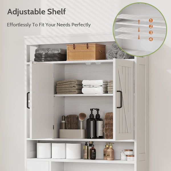 English Elm Vividwood Farmhouse Bathroom Tower Cabinet Sliding Barn Doors Six Shelves White T5618P505967