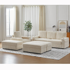 English Elm Corduroy minimalist coffee table conversion sofa set with cup grooves, recliner comfort and L-shaped layout for hosting Beige W834S00546