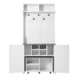 English Elm On-Trend Farmhouse 4-In-1 Hall Tree With Movable Bench, 7 Hooks, Shoe Storage & Barn Doors, White N721P205788K-GIGA