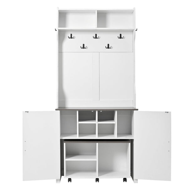 English Elm On-Trend Farmhouse 4-In-1 Hall Tree With Movable Bench, 7 Hooks, Shoe Storage & Barn Doors, White N721P205788K-GIGA