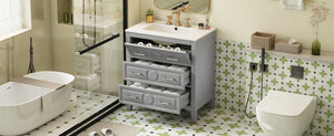 English Elm 30'' Bathroom Vanity with Ceramic Sink, Solid Wood Frame Retro Style Vanity with 3 Drawers & Gold Handles Gray N710P246209E