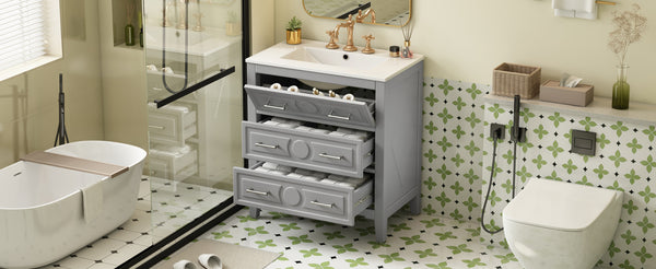 English Elm 30'' Bathroom Vanity with Ceramic Sink, Solid Wood Frame Retro Style Vanity with 3 Drawers & Gold Handles Gray N710P246209E